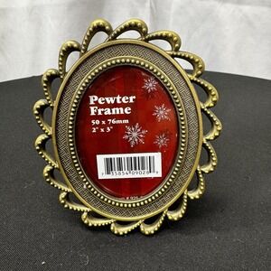 Vintage Style Pewter  Picture Frame Oval 2" X‎ 3"  Brass Color